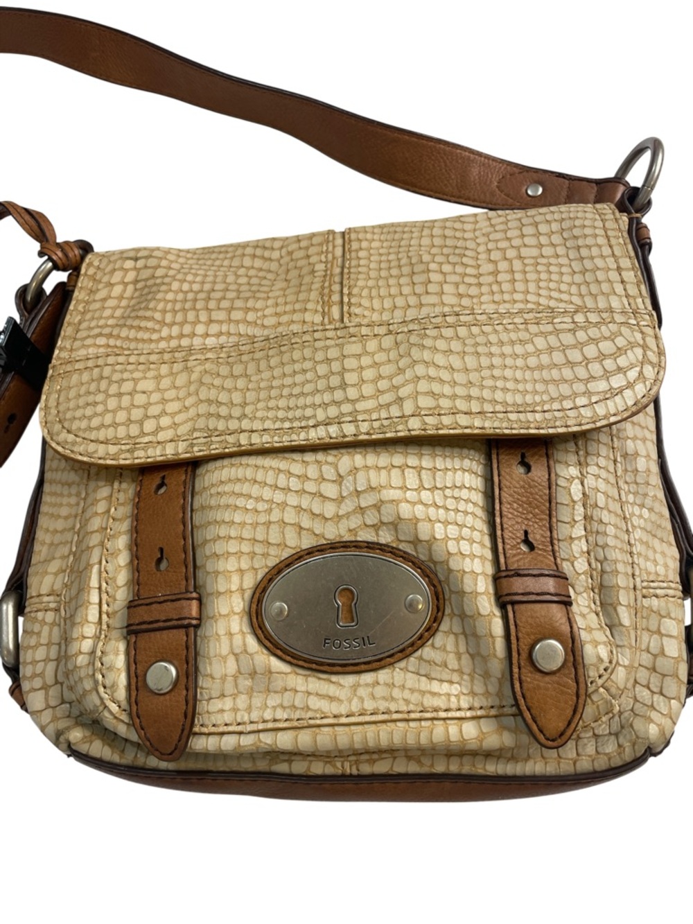 Fossil Cream Croc-Embossed Crossbody with Brown Trim